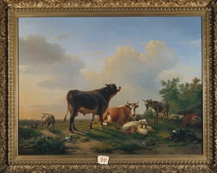 Un toro, una vaca, un burro, una cabra, ovejas y aves de corral en un paisaje extenso, 1849