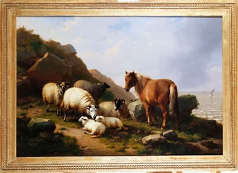Un pony y ovejas en un acantilado con un velero al fondo, 1868