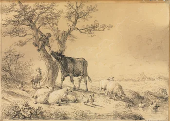 Paisaje con animales y niño en el árbol