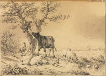 Paisaje con animales y niño en árbol, 1866