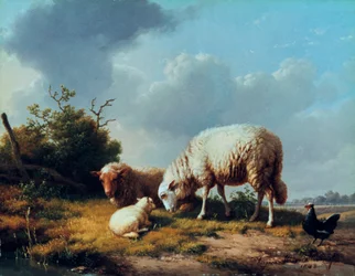 Ovejas y aves de corral en un paisaje, siglo XIX
