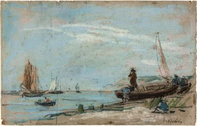 Playa con Barcos de Pesca (recto); Paisaje con Agricultor Arando un Campo (verso)