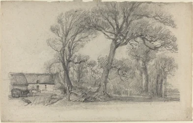 Paisaje con Árboles, Cabaña y Carro de Granja, c. 1858