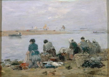 Lavanderas a orillas del río Touques, cerca de Trouville, por Eugene Boudin, pintura