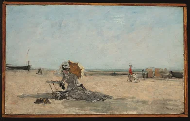 Mujer con sombrilla en la playa, c.1880-85 (óleo sobre tabla)