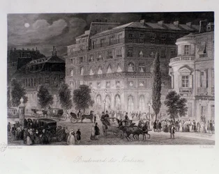 Animación alrededor de los teatros del boulevard des Italiens en París. Grabado por Eugene Louis Lami (1843). Colección privada