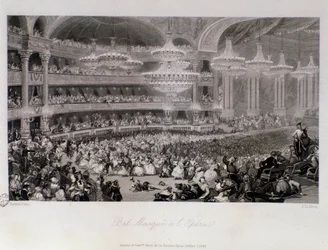Baile de máscaras organizado en la Ópera de París. Grabado por Eugene Louis Lami (1843). Colección privada