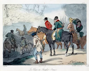 Caza de jabalíes. Ilustración del libro "La vie de chateau". Grabado por Eugene Louis Lami