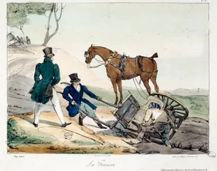 Accidente de carro causado por el ferrocarril. Ilustración del libro “La vie de chateau”. Grabado de Eugene Louis Lami (1800-1890)