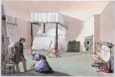 Hostal: un sirviente ayudando a un cliente a ponerse los zapatos. Ilustración de Eugene Louis Lami (1800-1890), mediados del siglo XIX