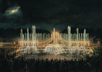 Exhibición de fuente iluminada en el Bassin de Neptune en honor al príncipe Francisco de Asís de Borbón (1822-1902) el 21 de agosto de 1864