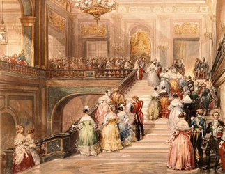 El rey Luis Felipe I (1773 - 1850) y la reina María Amalia de Borbón (1782 - 1866) recibieron a los invitados con motivo de la inauguración del Museo de Versalles en 1837. Ilustración de Eugène Lami (1800 - 1890)