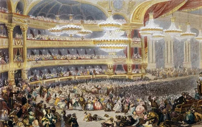 Baile de máscaras en la Ópera de París en el siglo XIX. Grabado de Eugène Lami (1800 - 1890)