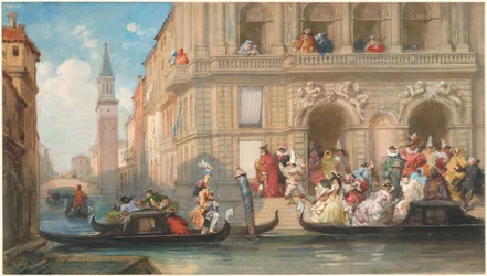 Mascaradores abordando góndolas frente a un palacio veneciano