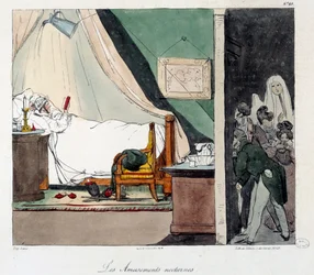 Diversión nocturna. Los niños tienen miedo de asustar a una persona leyendo en la cama. Ilustración del libro “La vie de chateau”.
