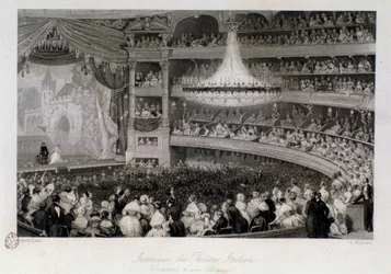 Ovation de un actor durante una actuación en el Théâtre des Italiens en París. Grabado por Eugène Louis Lami (1800-1890)