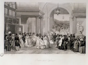 El público tiene la salida de la Ópera en París. Grabado por Eugene Louis Lami (1800-1890) 1842 Colección privada
