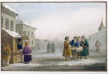 Vendedor ambulante de tabaco delante de un estanco en Rusia. Obra de Eugene Pluchart (1809-1880), litografía y acuarela