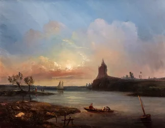 Vista de una ría con pescadores y un castillo imaginario