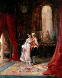 Confianza. Una joven elegante del brazo de un ayuda de cámara avanza con una mirada mezcla de curiosidad y preocupación. Pintura de Eugenio Lucas Villamil (1858-1918). Óleo sobre lienzo. Colección particular.