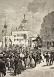 Inauguración del monumento a Víctor Manuel II (1820-1878), primer rey de Italia, en presencia de Umberto I (1844-1900), rey de Italia, estatua de Eugenio Maccagnani (1852-1930), Lecce, Italia.
