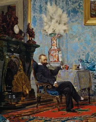 Peter Fabricci sentado en el salón, detalle de la familia Fabricci, hacia 1880, de Eugene Scomparini (1845-1913), óleo sobre lienzo, 68x187 cm, Italia