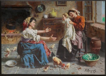 Reunión de dos mujeres y un bebé (óleo sobre lienzo)