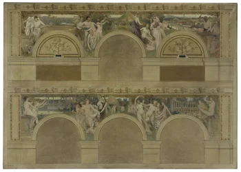 Boceto para uno de los salones introductorios del Hôtel de Ville de París: Le Travail. Les Réjouissances. La Charité, en 1892 (tinta negra, óleo sobre lienzo)