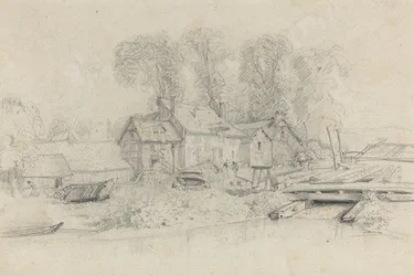 Paisaje fluvial con edificios, barcos y figuras