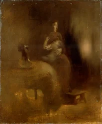 Mujer con un bebé en su regazo, años 1890