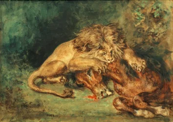 León desgarrando un caballo