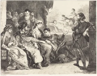 Actores representando el envenenamiento del padre de Hamlet (Acto III, Escena II)