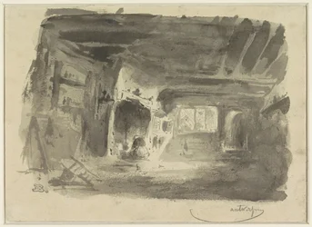 Interior con mujer arrodillada frente a la chimenea