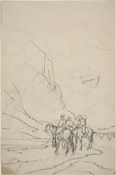 Hombres a caballo junto al río