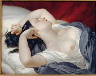 Mujer italiana dormida. Hermosa mujer con los ojos cerrados y el pecho descubierto, durmiendo lascivamente al borde de la cama. Pintura de Eugene Pluchart (1809-1880), óleo sobre lienzo, hacia 1840. Arte francés