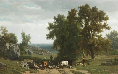Ganado y figuras en un paisaje de verano