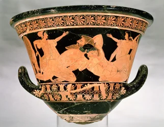 Cratera de cáliz ático de figuras rojas que representa a Heracles luchando con Anteo, de Cerveteri, Italia, hacia 510 a. C.