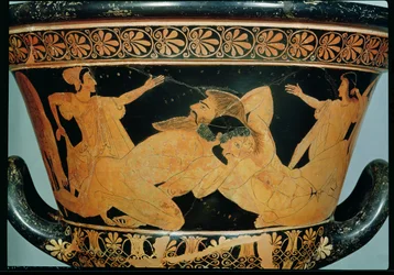 Cratera de cáliz ática de figuras rojas que representa a Heracles luchando con Anteo, de Cerveteri, hacia 510 a. C.