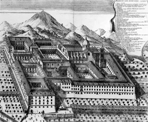 Vista aérea de Monte Cassino, Italia (grabado)
