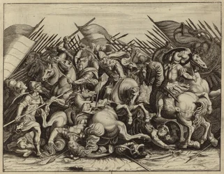 Alejandro luchando contra Demetrio y Jonathan luchando contra Apolonio (grabado)