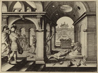 Arca de la Alianza capturada en el templo filisteo de Dagón (grabado)