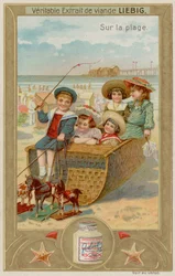 Niños en un carruaje de juguete con caballos de juguete