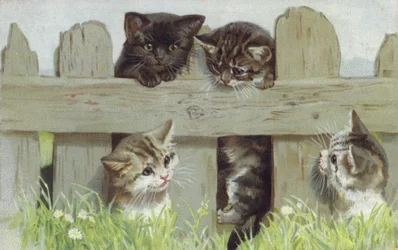 Cuatro gatitos junto a una valla (cromolito)