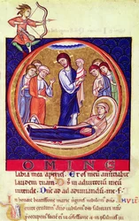 Inicial historiada que representa la muerte de la Virgen, de un manuscrito desconocido, siglo XII-XIII