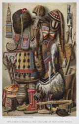 Implementos, Vasijas y Vestimenta de Razas del Norte (cromolitografía)