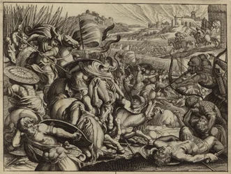 Israelitas derrotando a los benjamitas y quemando su ciudad (grabado)