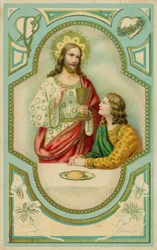 Jesucristo bendiciendo a un hombre que comulga (cromolito)