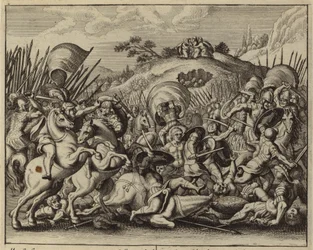 Josué y los israelitas derrotando a los amalecitas mientras Moisés reza en la cima de una montaña (grabado)