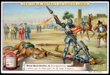 Cromolitografía Liebig: Serie "Don Quijote", nº 6: Don Quijote vencido por el caballero de la luna de plata.