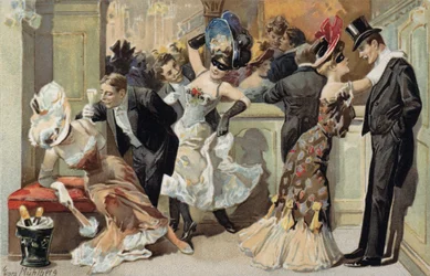 Baile de máscaras, con hombres y mujeres bebiendo champán (cromolito)